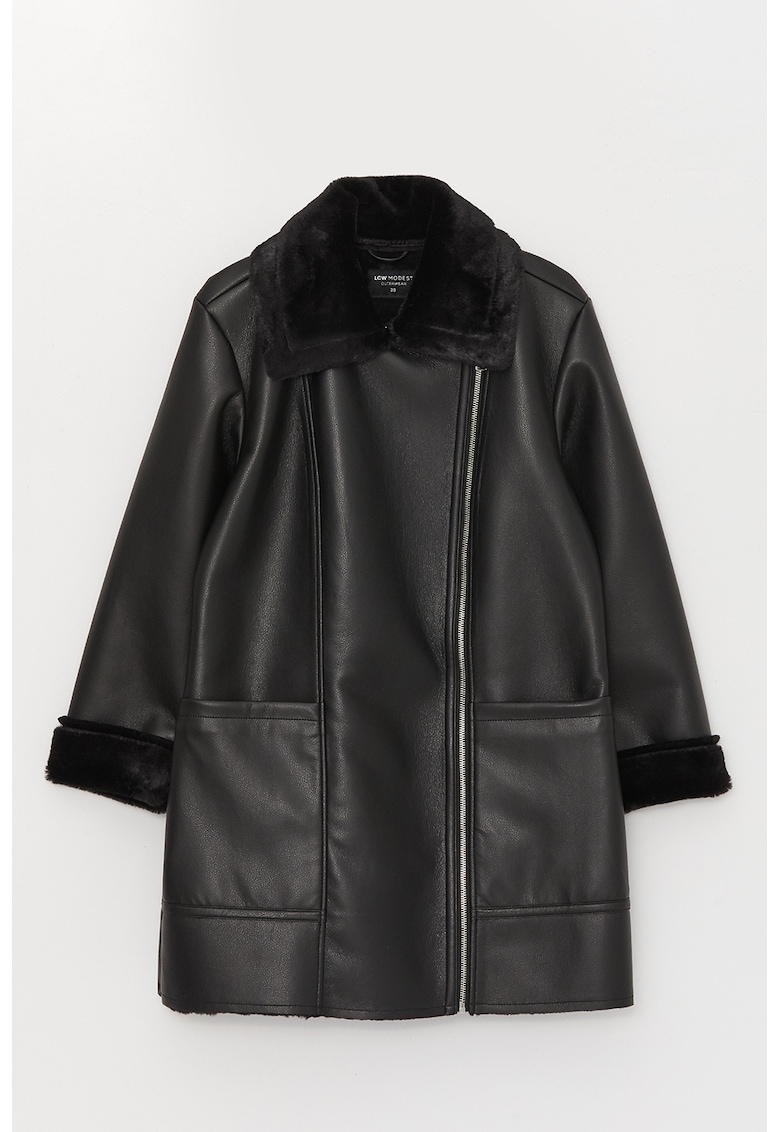 Palton din piele ecologica cu garnituri din blana sintetica