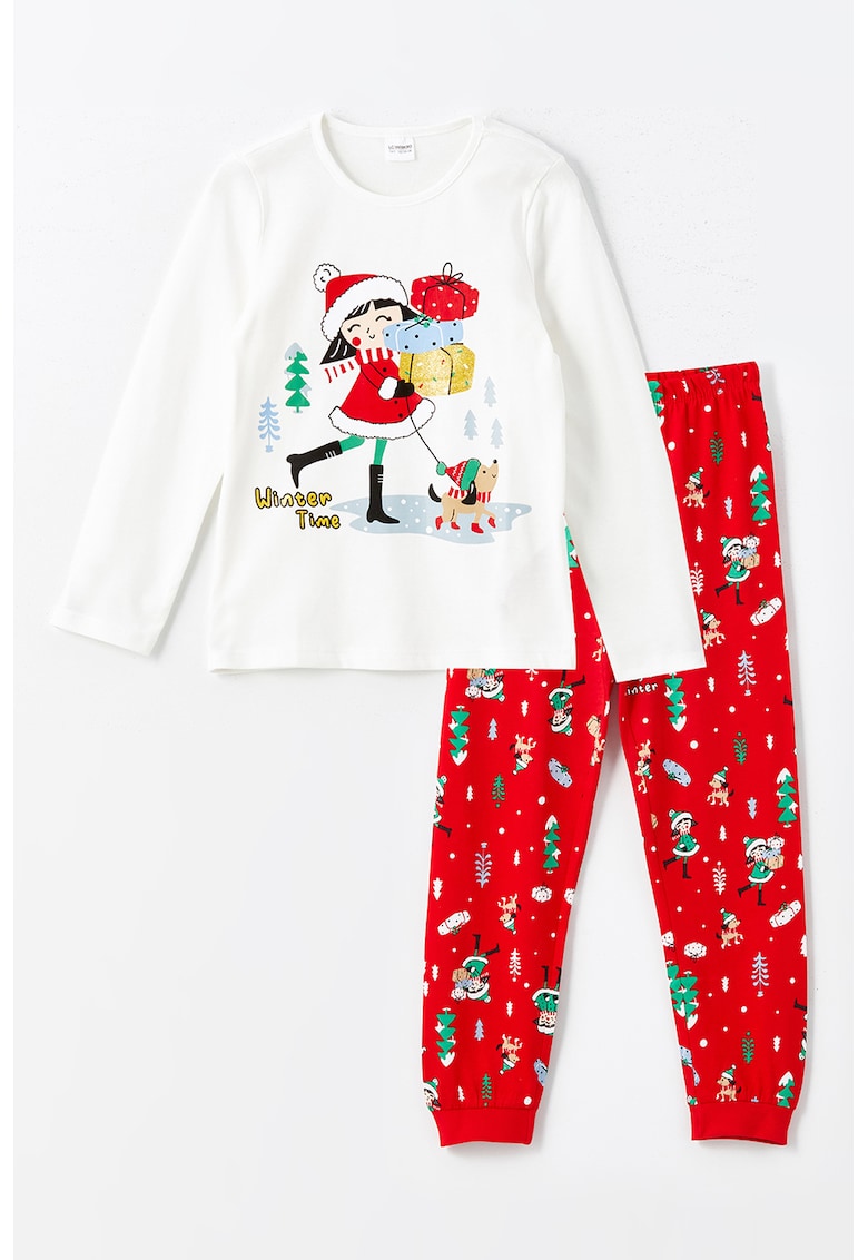 Pijama din bumbac cu imprimeu tematic de Craciun - Rosu/Alb murdar