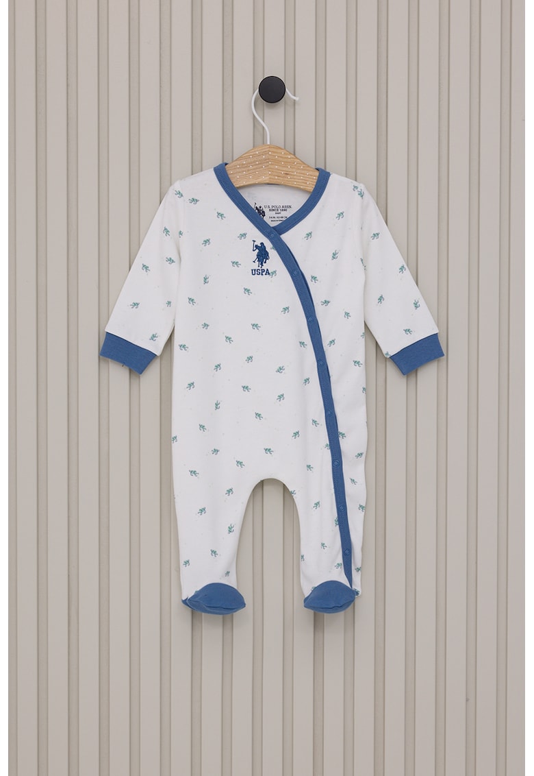 Salopeta cu botosei si model logo - Alb/Albastru