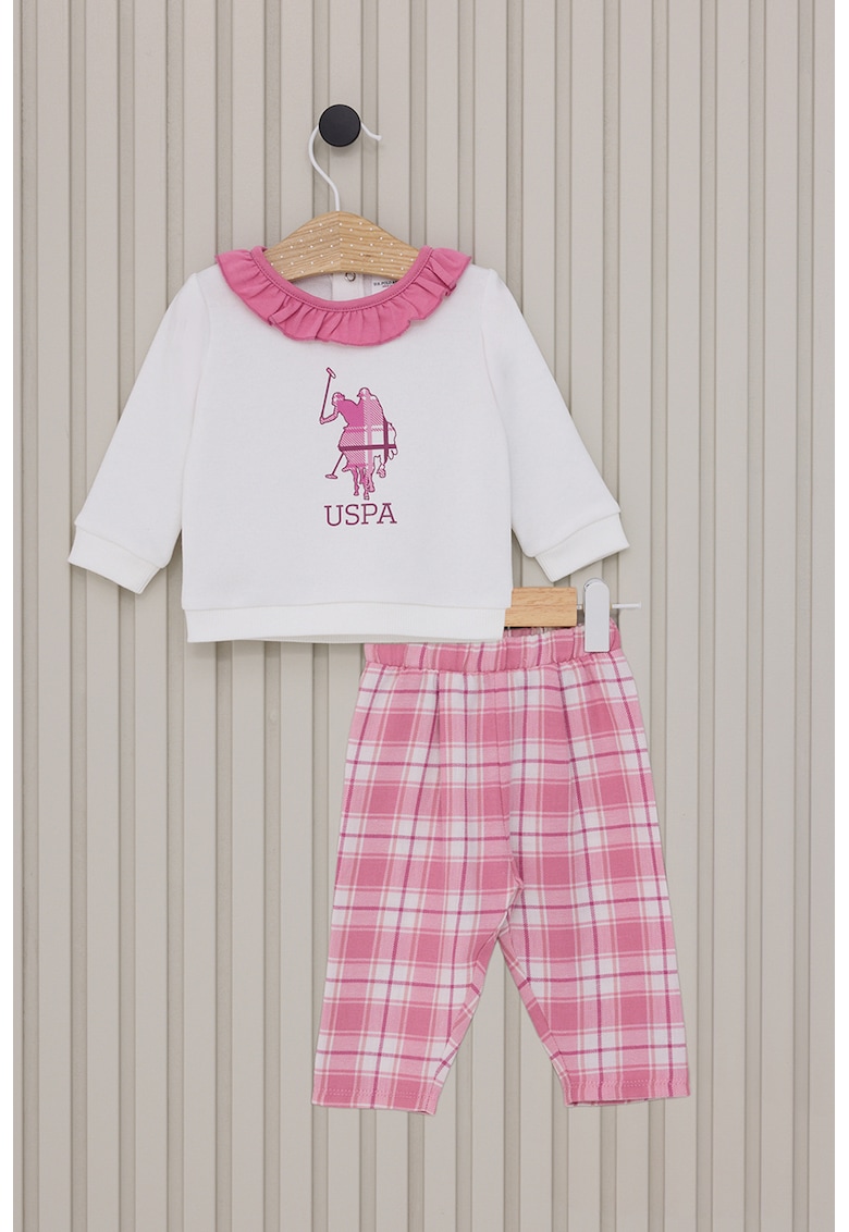 Set de pantaloni si bluza de bumbac - 2 piese - Alb/Roz pastel