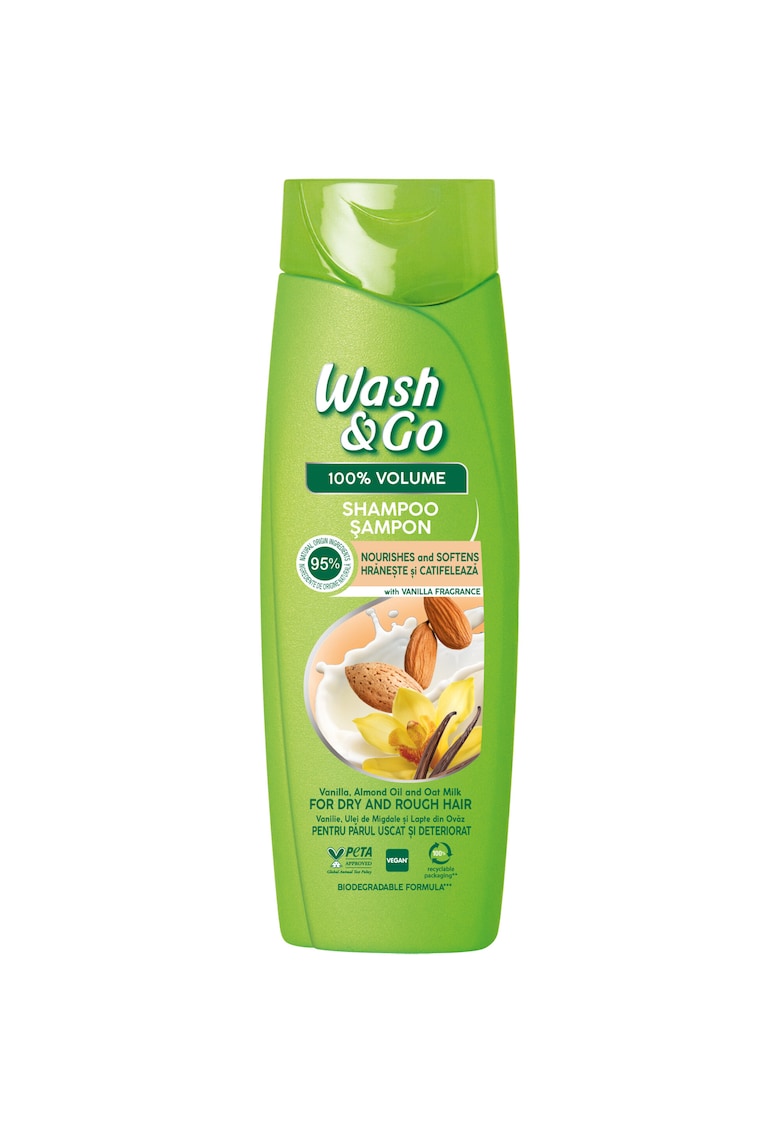 Sampon Wash & Go cu extract de vanilie - ulei de migdale si lapte ovaz pentru par uscat si deteriorat - 360 ml