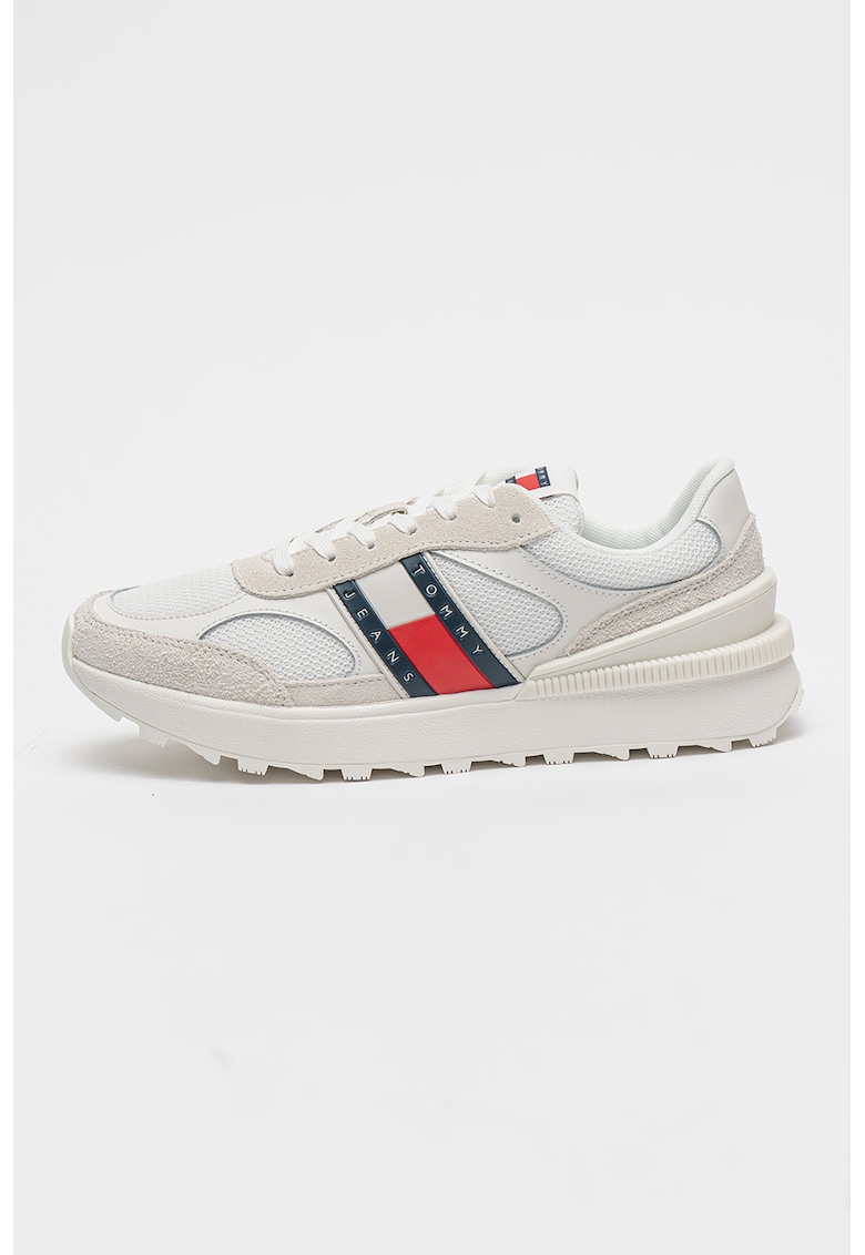 Pantofi sport de plasa cu insertii din piele intoarsa - Rosu/Albastru inchis/Alb murdar