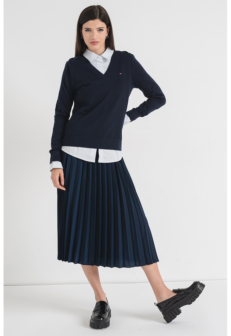 Pulover din amestec de bumbac organic cu decolteu in V - Albastru ultramarin