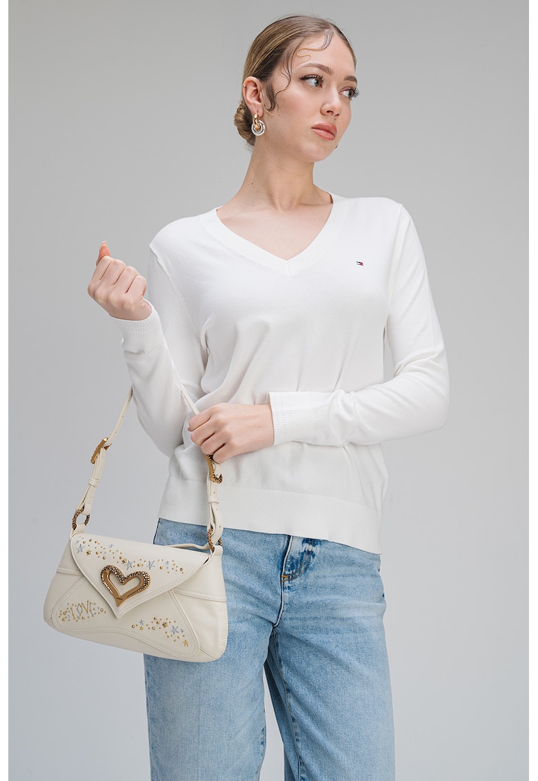 Pulover din amestec de bumbac organic cu decolteu in V - Alb murdar