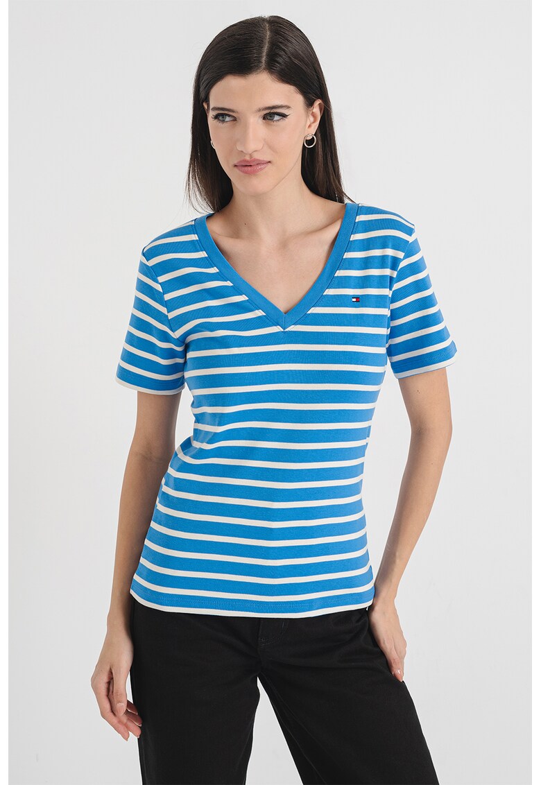Tricou slim fit cu decolteu in V Cody - Alb/Albastru deschis