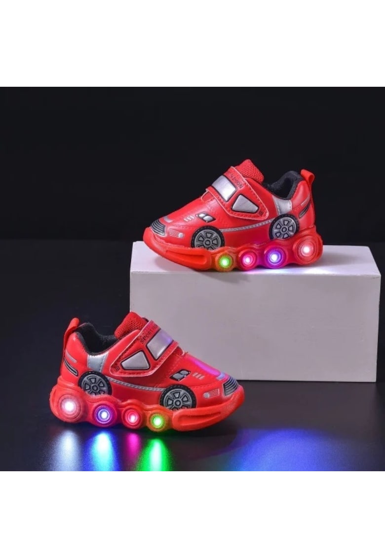 Pantofi Sport Cu Luminite - Model Car - Casual - Piele ecologica - Baieti - Velcro - Rosu