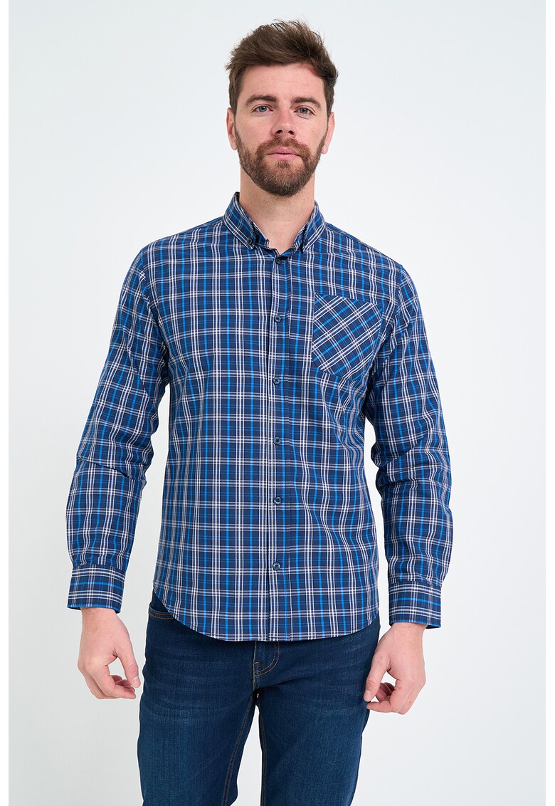 Camasa cu maneci lungi si model in carouri - Alb murdar/Albastru