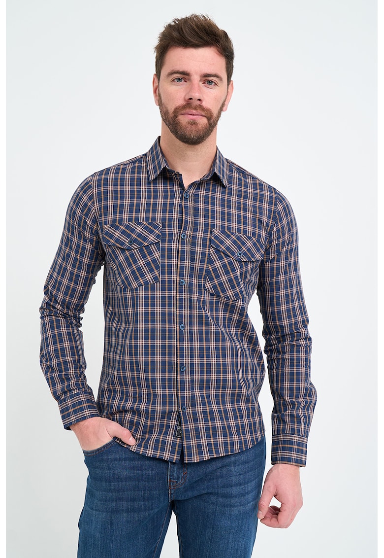 Camasa cu maneci lungi si model in carouri - Albastru inchis/Maro deschis