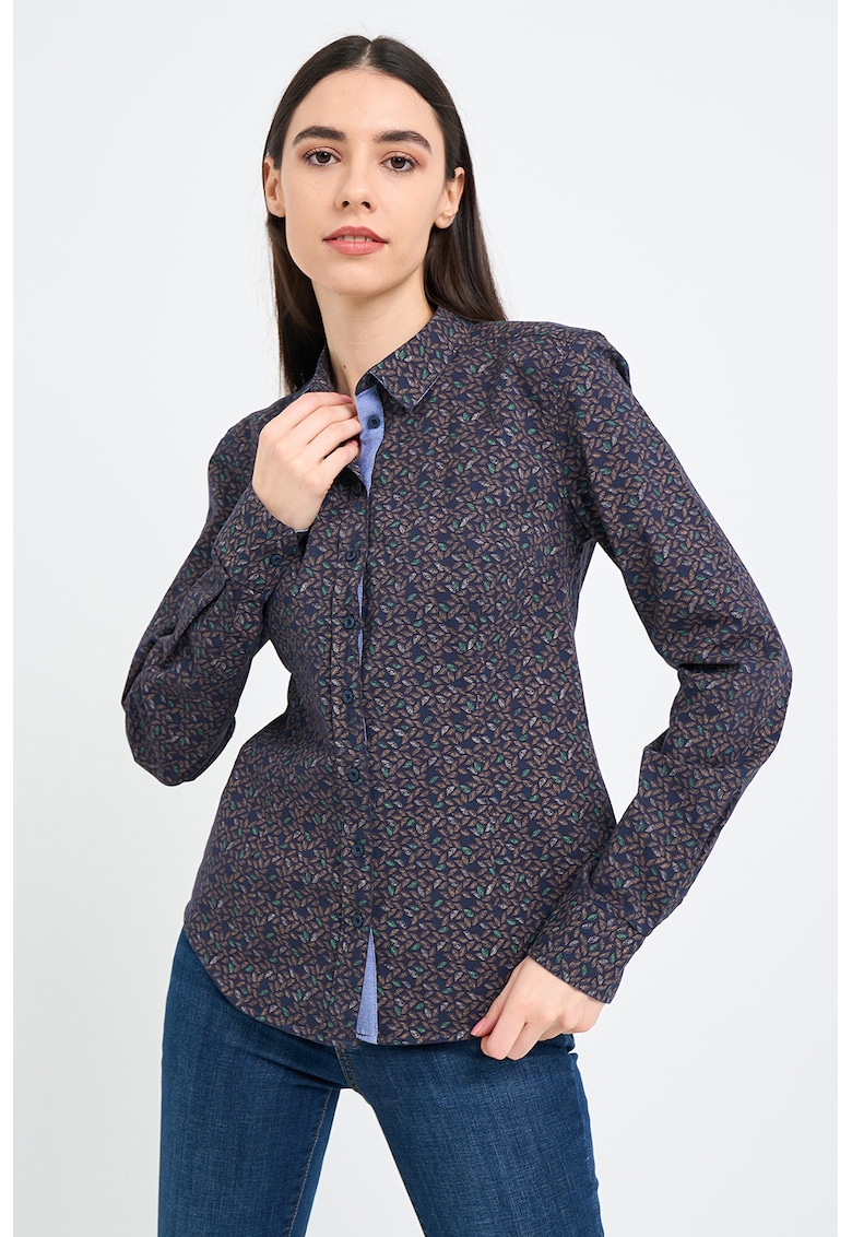 Camasa cu model si terminatie rontunjita - Albastru ultramarin/Maro deschis/Alb murdar