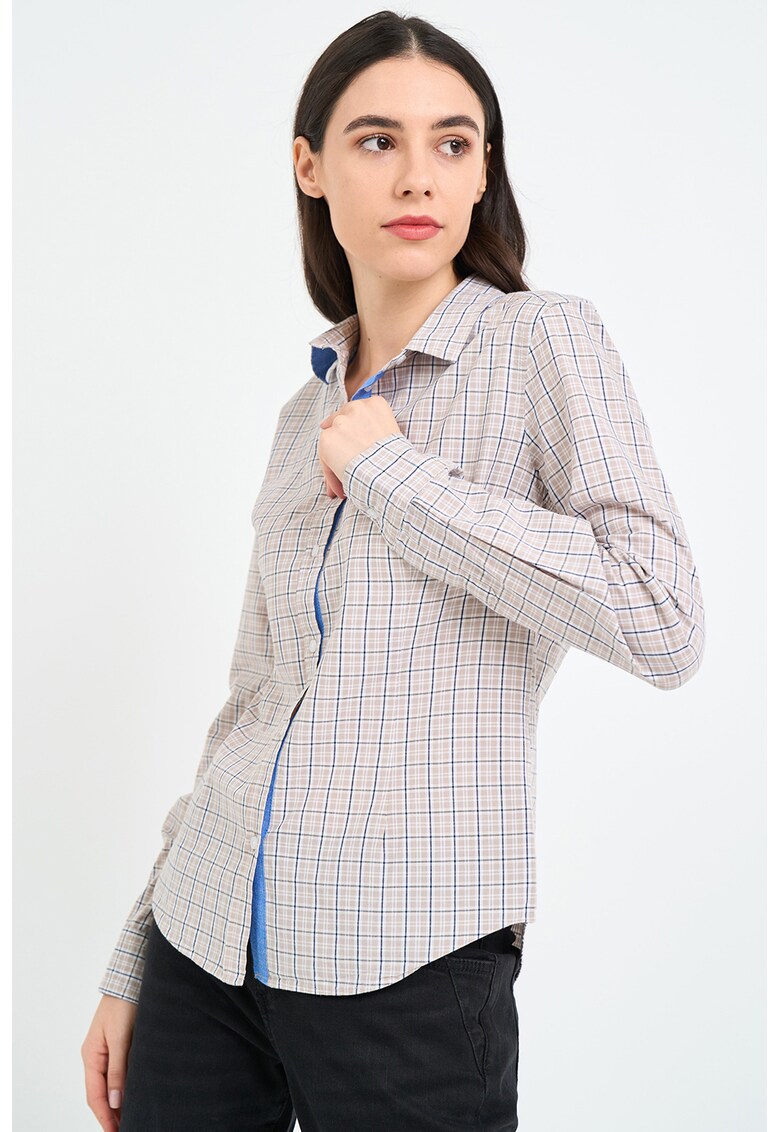 Camasa cu maneci lungi si model in carouri - Alb/Albastru inchis/Bej deschis