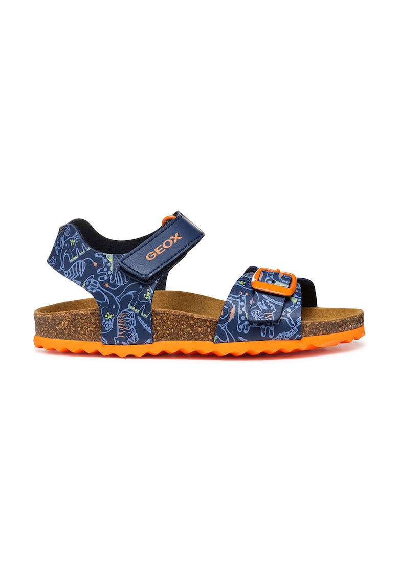 Sandale din piele ecologica cu inchidere velcro - Portocaliu/Bleumarin