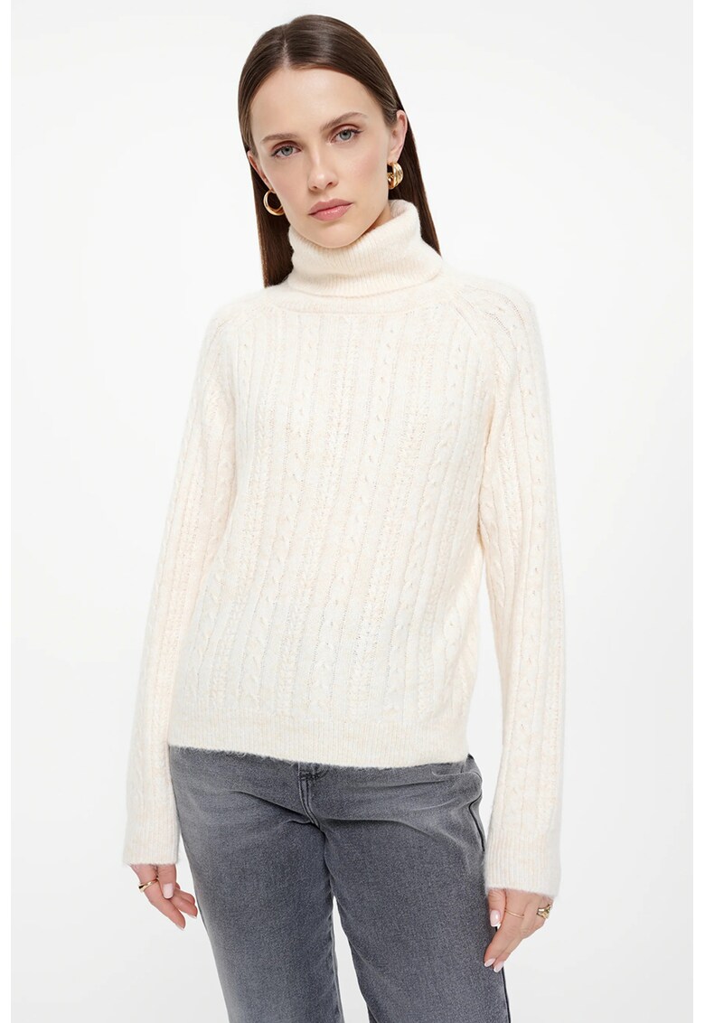 Pulover cu guler inalt si torsade - Alb murdar