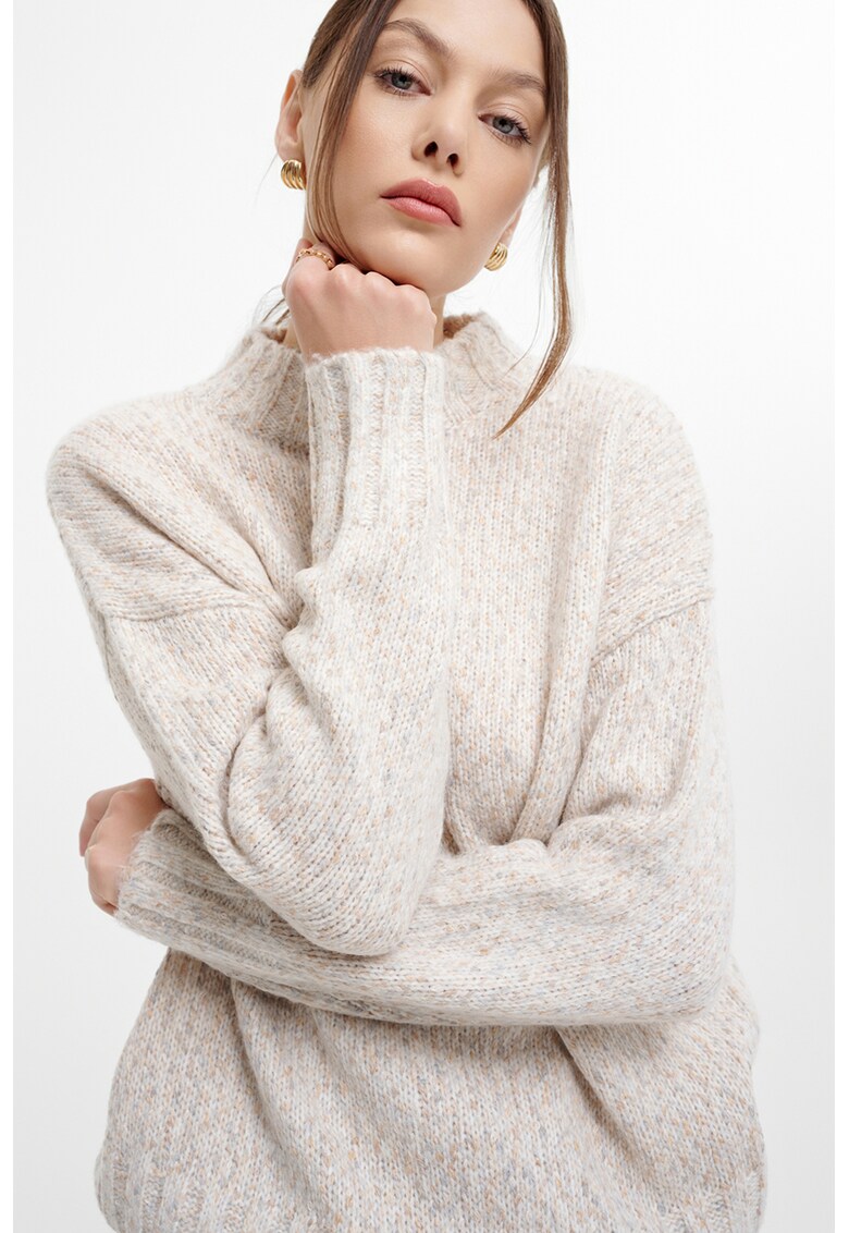 Pulover cu decolteu la baza gatului si maneci cazute - Maro deschis melange