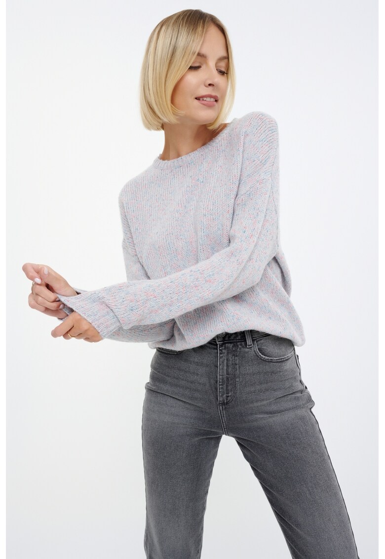 Pulover cu decolteu la baza gatului si maneci cazute - Gri deschis melange