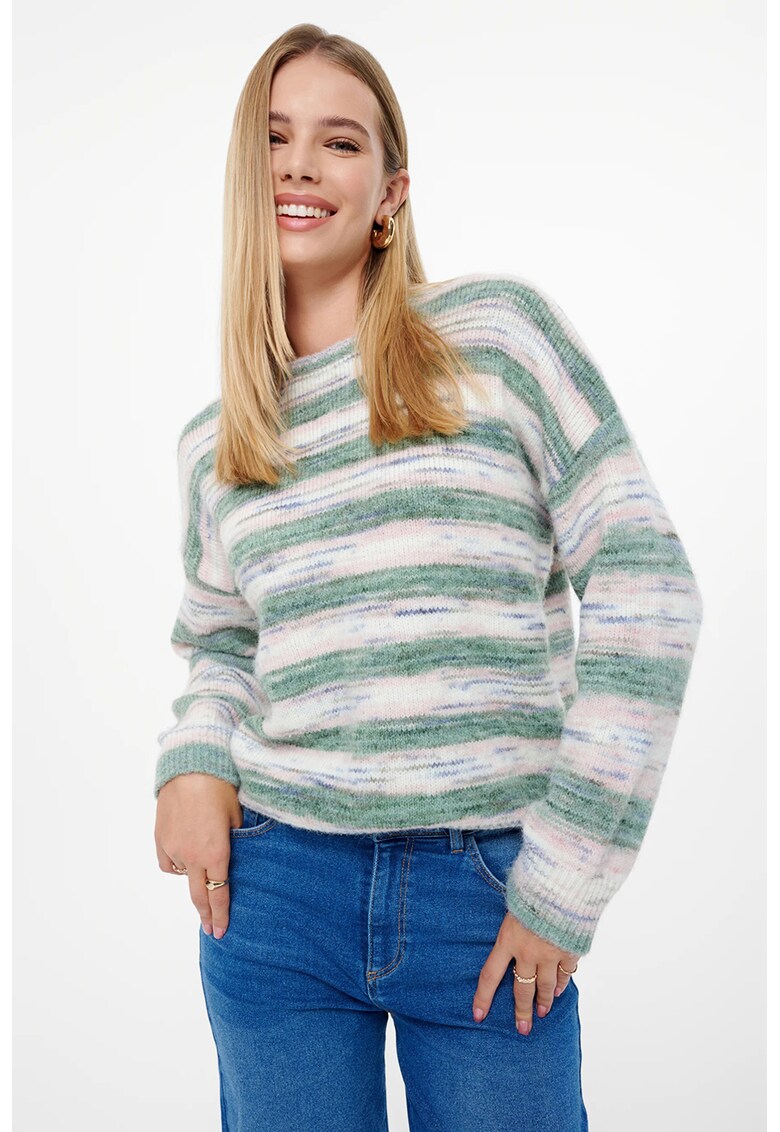 Pulover cu decolteu la baza gatului - in dungi - Alb/Verde melange/Roz