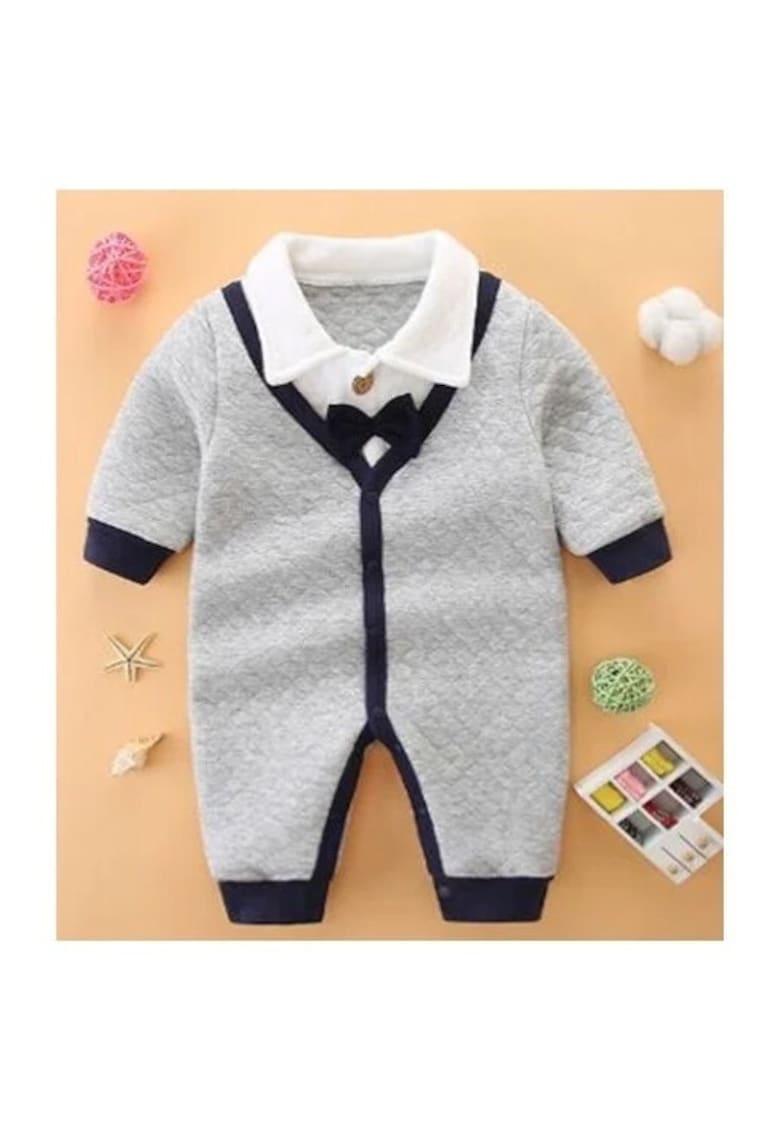 Salopeta Eleganta - Cu Papion Bleumarine - Baieti - Maneca lunga - Gri