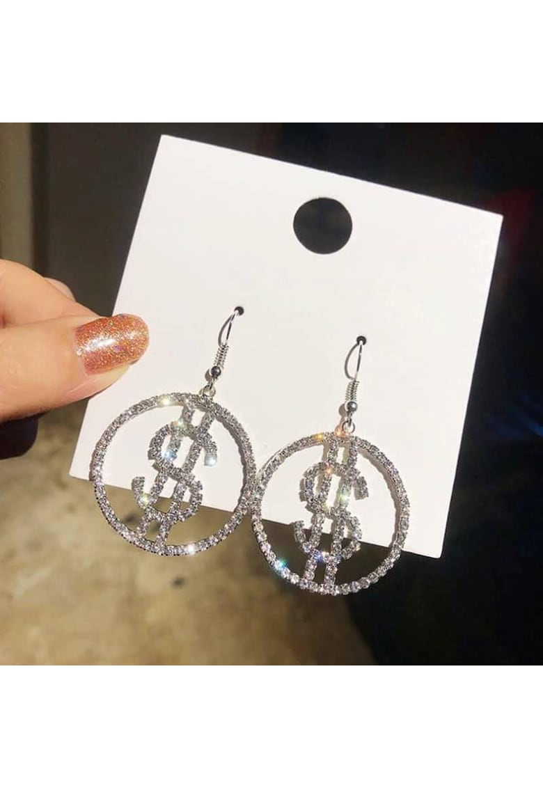 Cercei rotunzi - argintii - cu pietre - simbol dolar - Moana C10 -