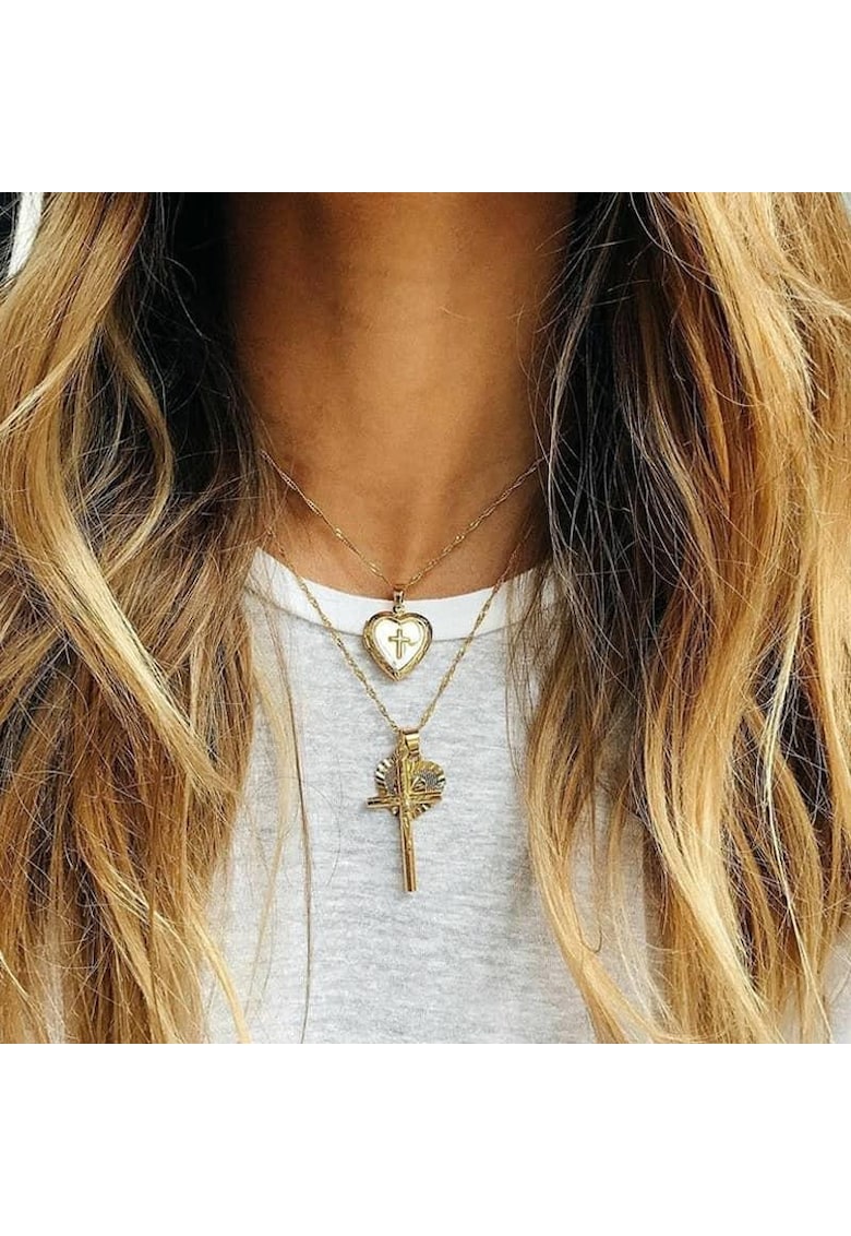 Colier in 2 straturi - auriu - inima si cruce - Marselie C10