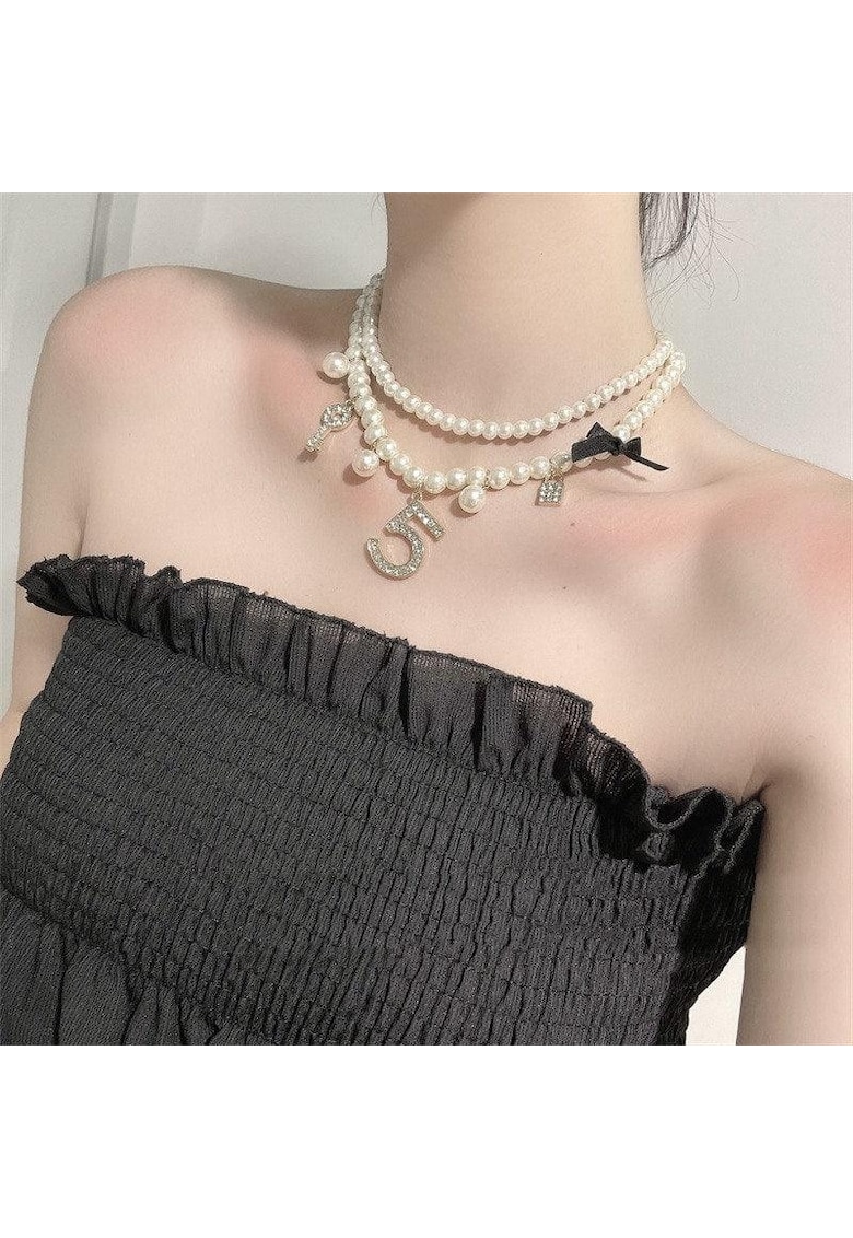 Colier auriu - in 2 straturi - cu perle si pietre - Sinika C3 -