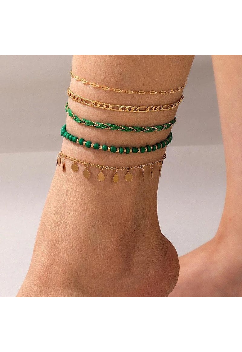 Set 5 bratari de picior - aurii - cu margelute verzi - Anjila C18 -