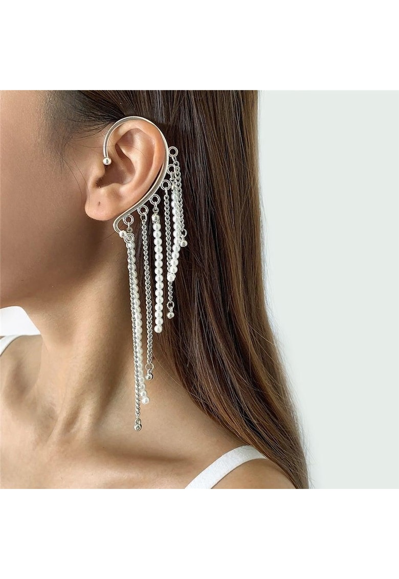 Cercel ear cuff - argintiu - cu franjuri si perle - Harda C4 -