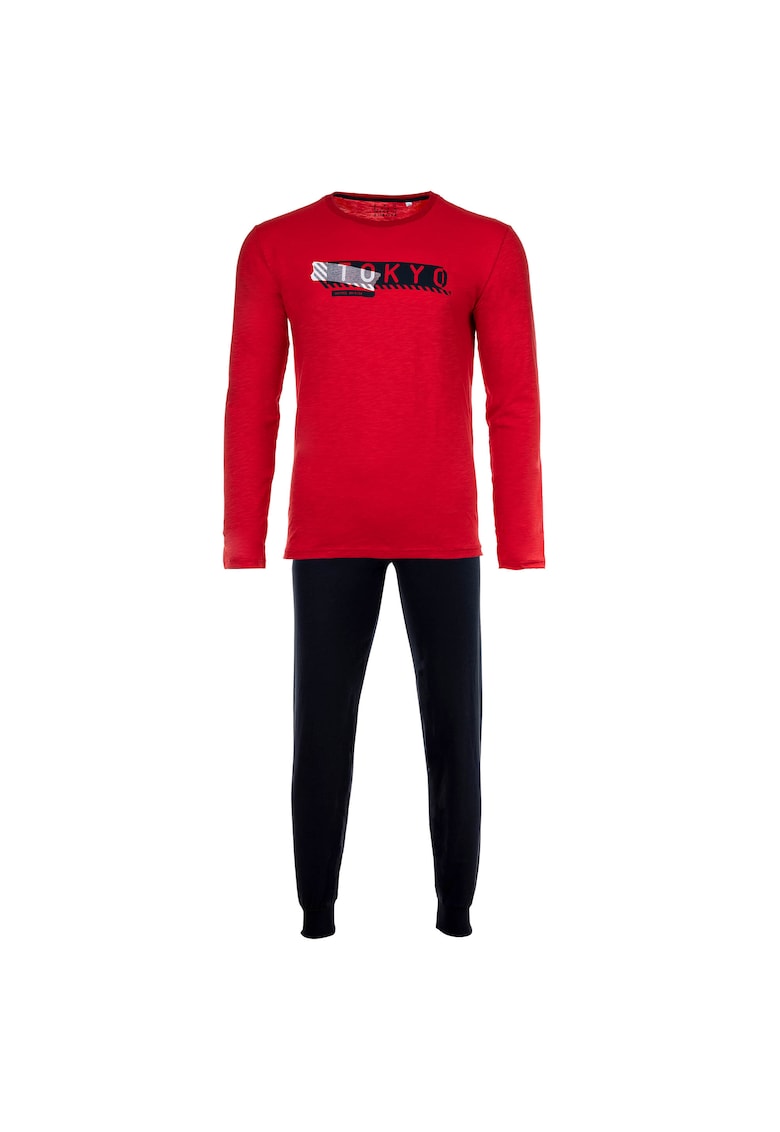 Pijama cu pantaloni lungi si imprimeu text Pijama cu pantaloni lungi si imprimeu text