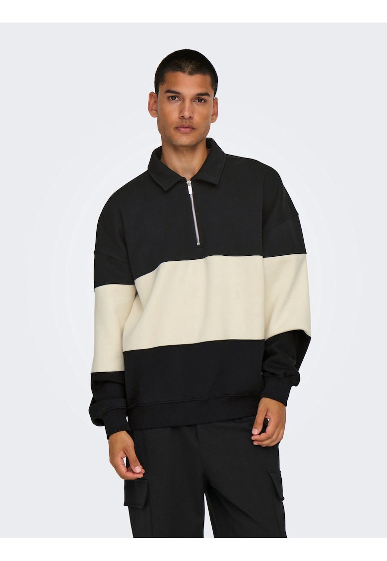 Pulover barbati Loose Fit - dungi - negru - bumbac -