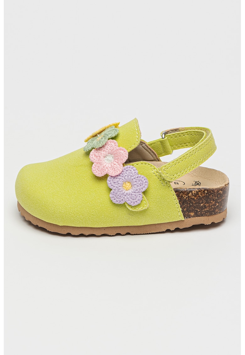 Papuci de piele ecologica cu flori 3D - Galben/Roz/Verde fistic