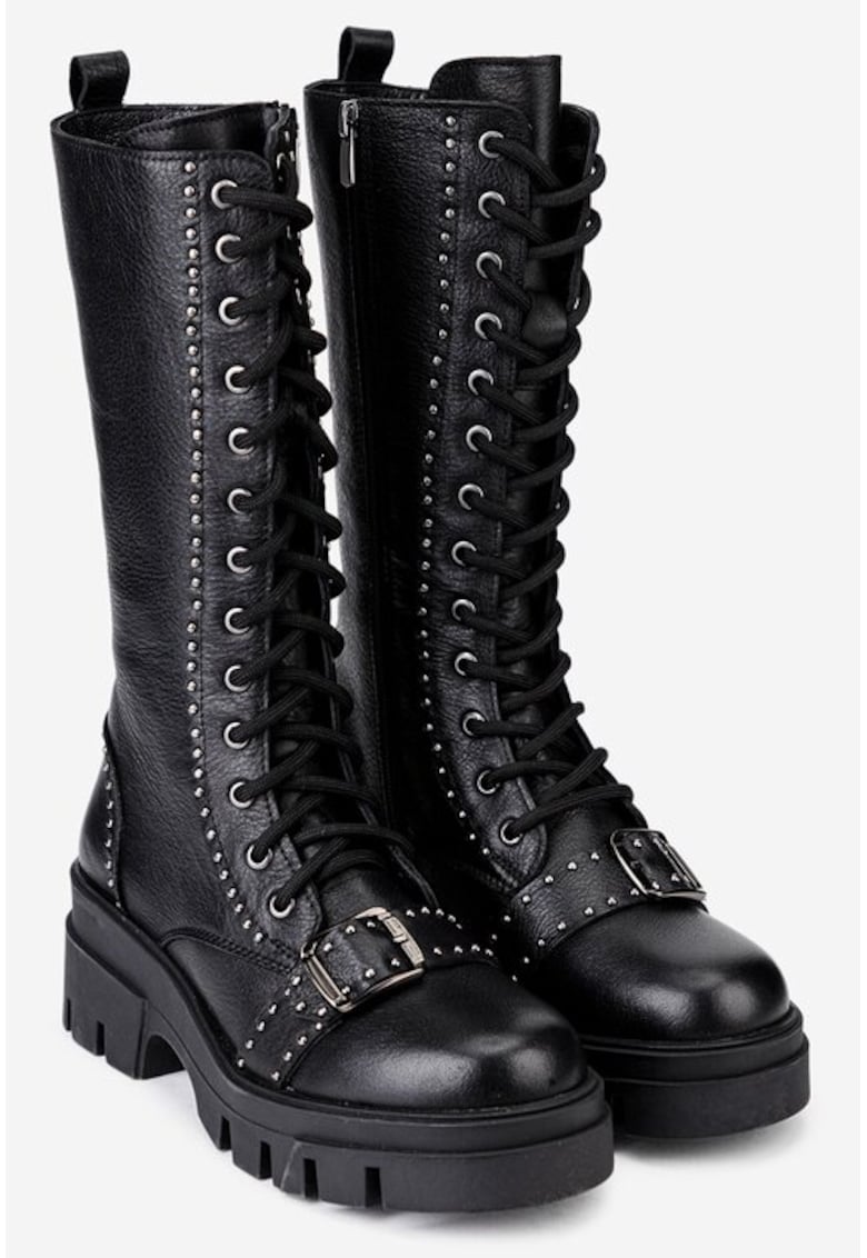 Ghete dama inalte din piele neagra accesorizate cu bumbi - Negru