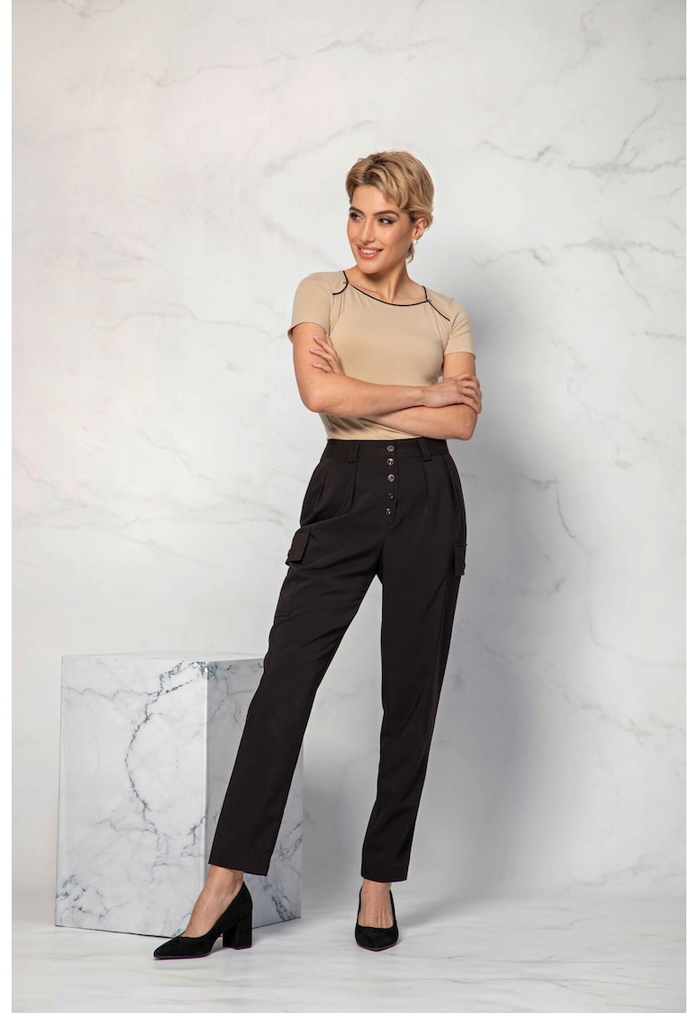 Pantaloni cargo cu talie inalta si nasturi -