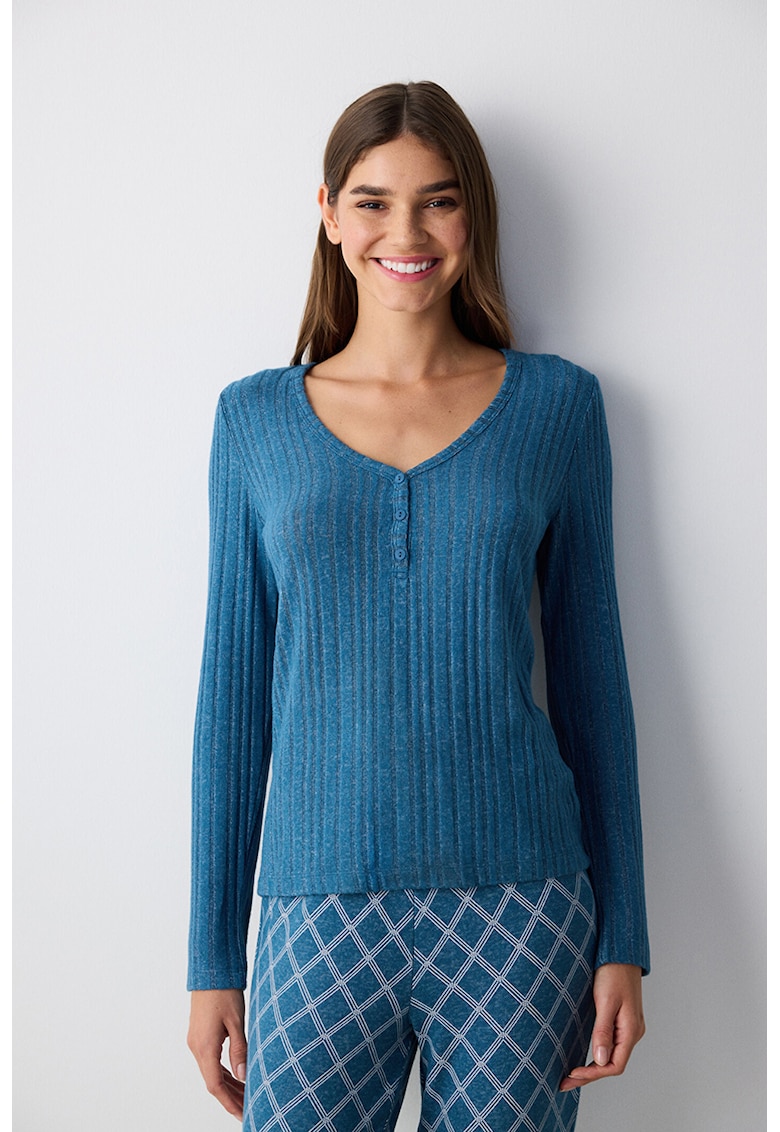 Bluza de pijama striata cu decolteu in V