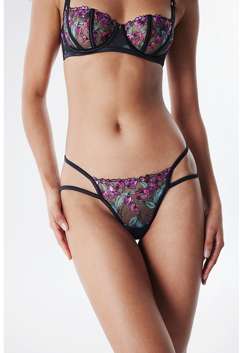 Chiloti cu broderie florala - Negru/Roz/Albastru deschis
