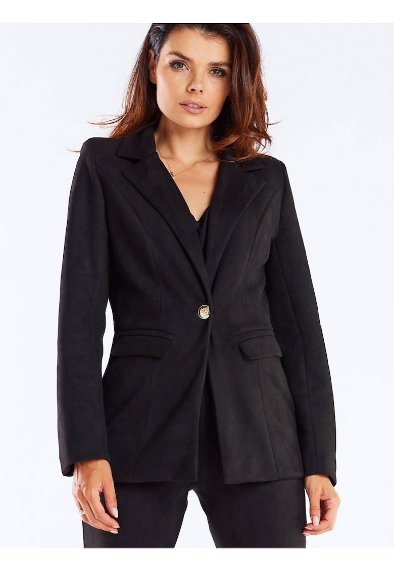 Geaca eleganta dama - neagra - poliester - cu nasture decorativ aurie
