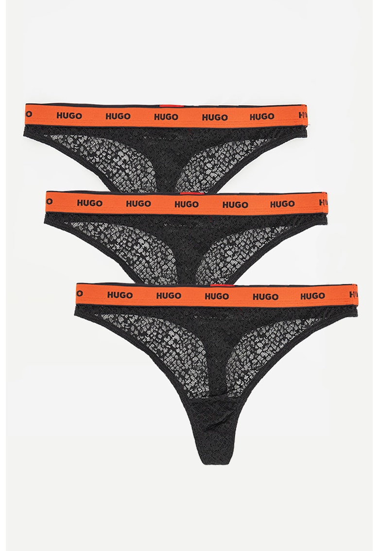 Set de chiloti tanga din dantela cu banda logo in talie - 3 perechi Set de chiloti tanga din dantela cu banda logo in talie - 3 perechi