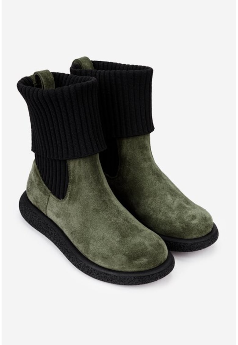 Ghete kaki din piele intoarsa cu material textil negru 38 - Verde