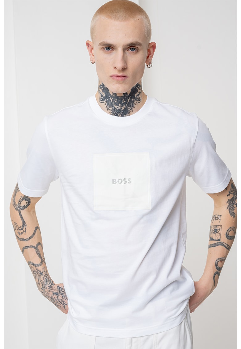 Tricou cu decolteu la baza gatului si imprimeu logo - Alb/Bej deschis