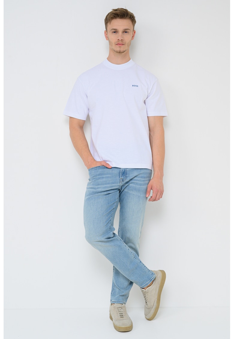 Tricou cu decolteu la baza gatului si model - Albastru prafuit/Alb optic