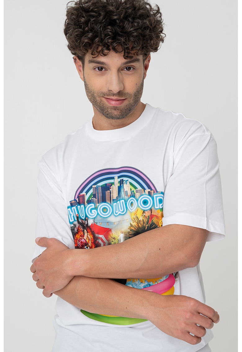 Tricou dn bumbac cu imprimeu grafic pe partea din spate - Alb/Galben