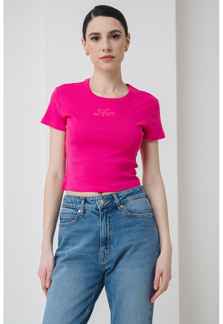 Tricou crop cu imprimeu logo - Fucsia