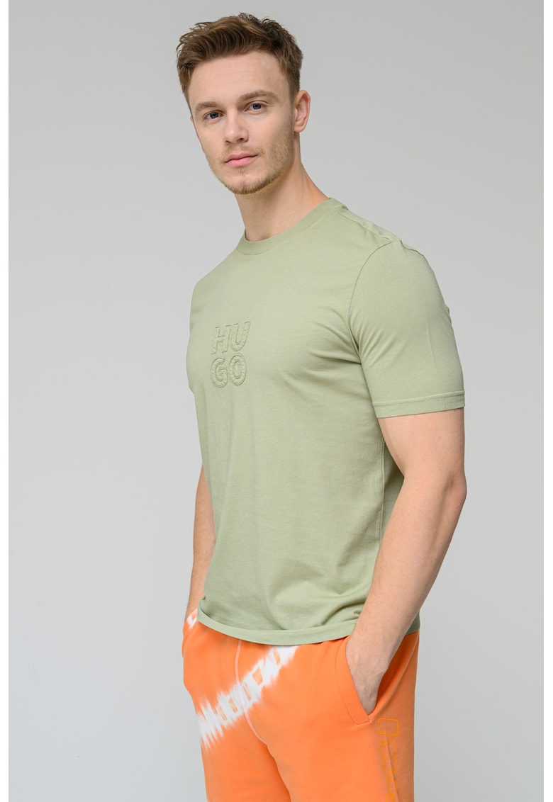 Tricou de bumbac cu decolteu la baza gatului - Verde sparanghel