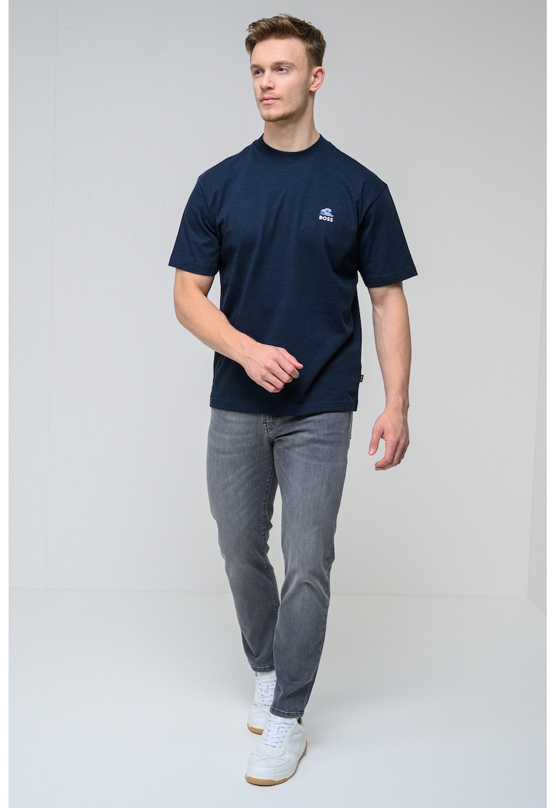 Tricou cu decolteu la baza gatului si model - Bleumarin