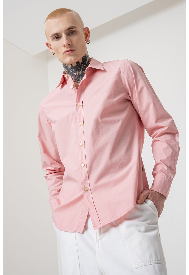 Boss Camasa regular fit de bumbac cu logo brodat - Roz pastel