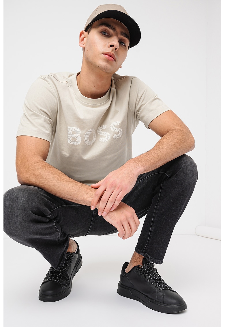 Boss Tricou cu imprimeu logo si decolteu la baza gatului - Crem