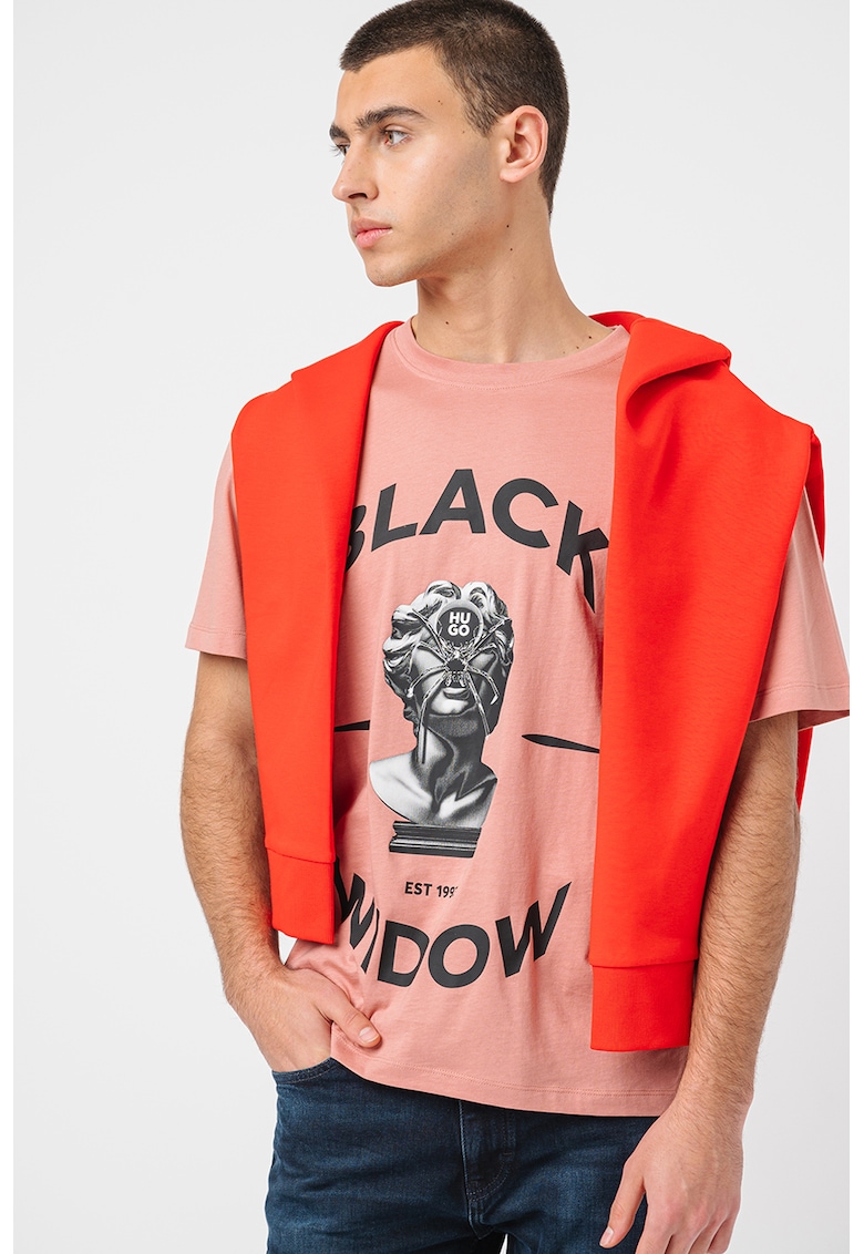 Tricou de bumbac cu imprimeu grafic - Negru/Roz prafuit