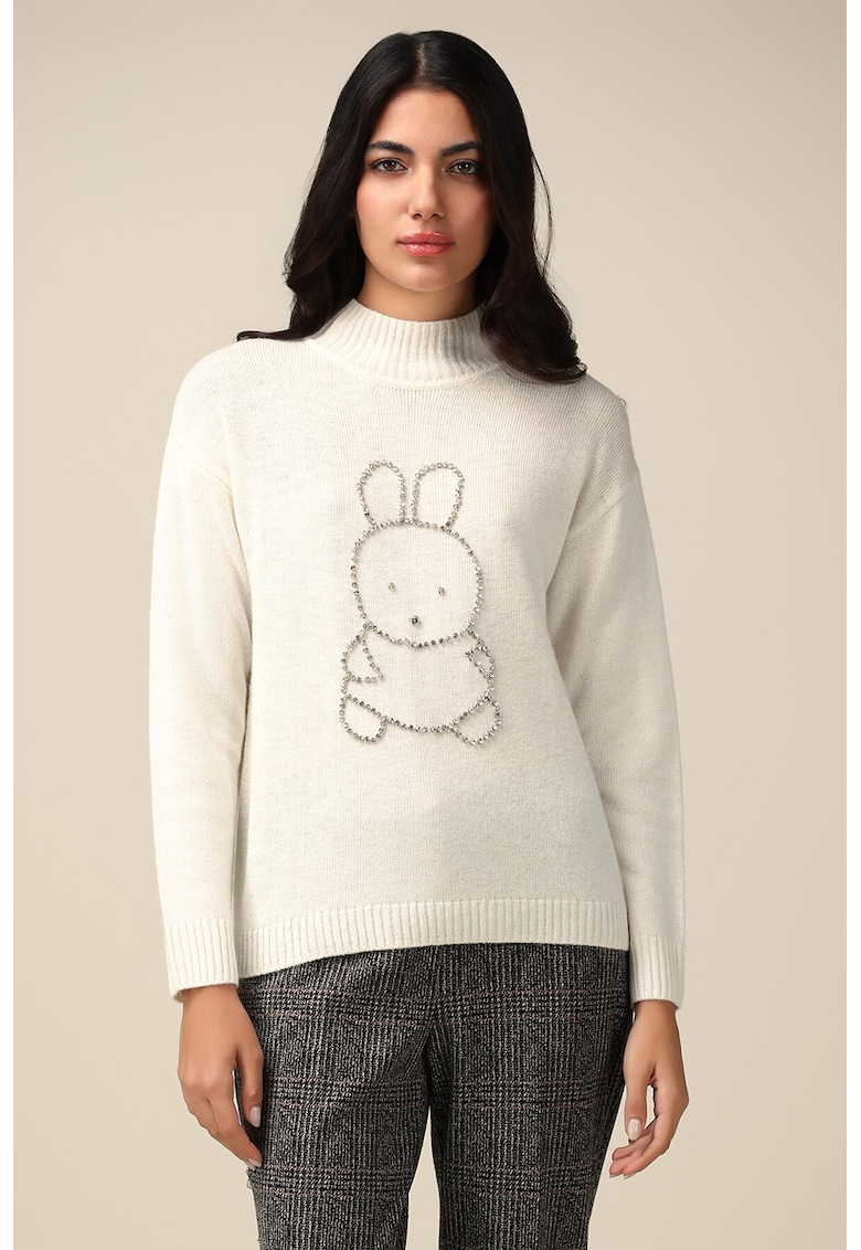 Pulover din amestec de lana decorat cu strasuri - Crem/Argintiu