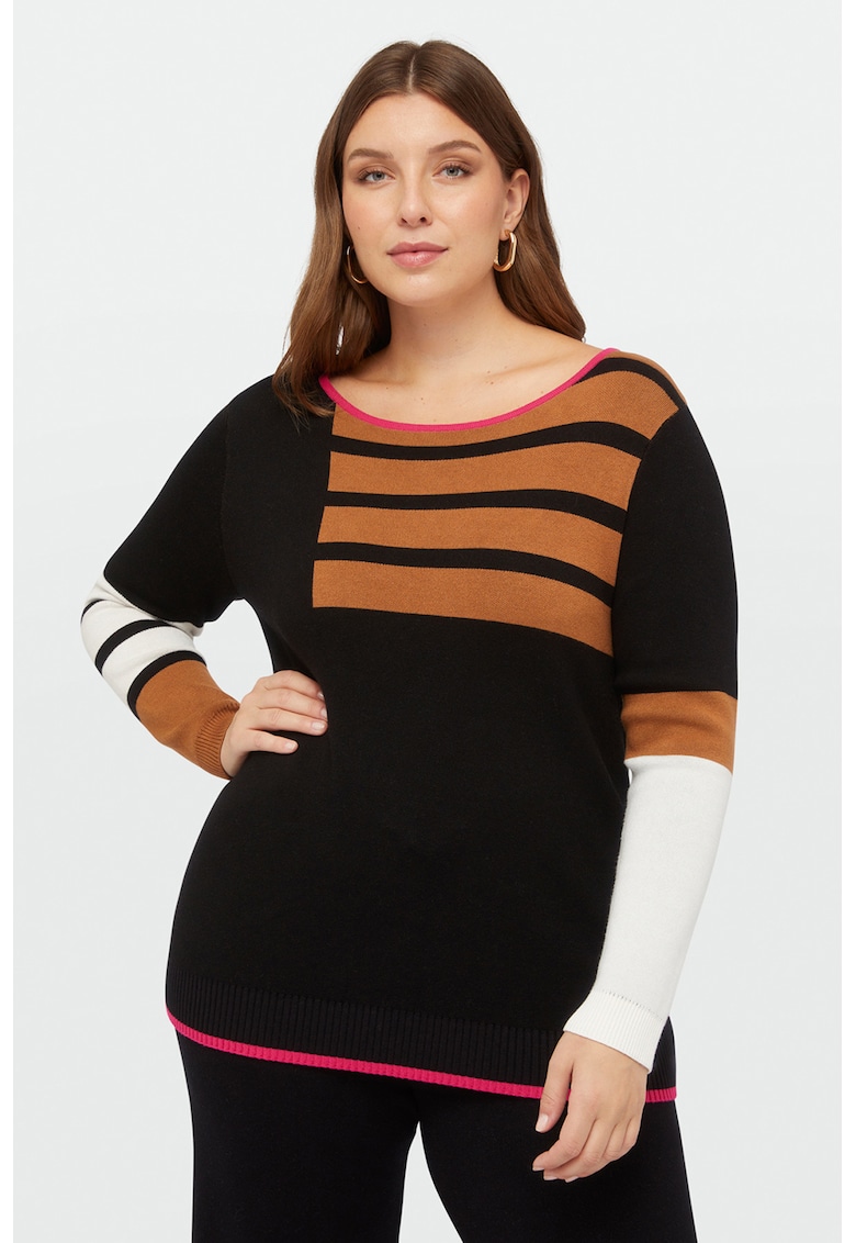 Pulover tricotat fin cu dungi - Alb/Maro inchis/Negru