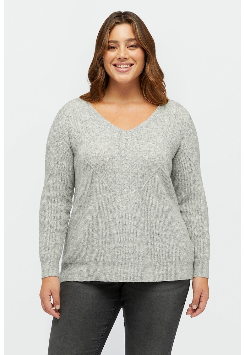 Pulover din amestec de lana cu decolteu in V - Gri melange