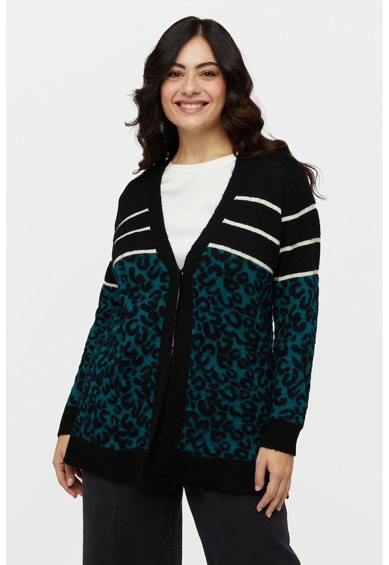 Cardiga cu decolteu in V si model - Negru/Verde persan