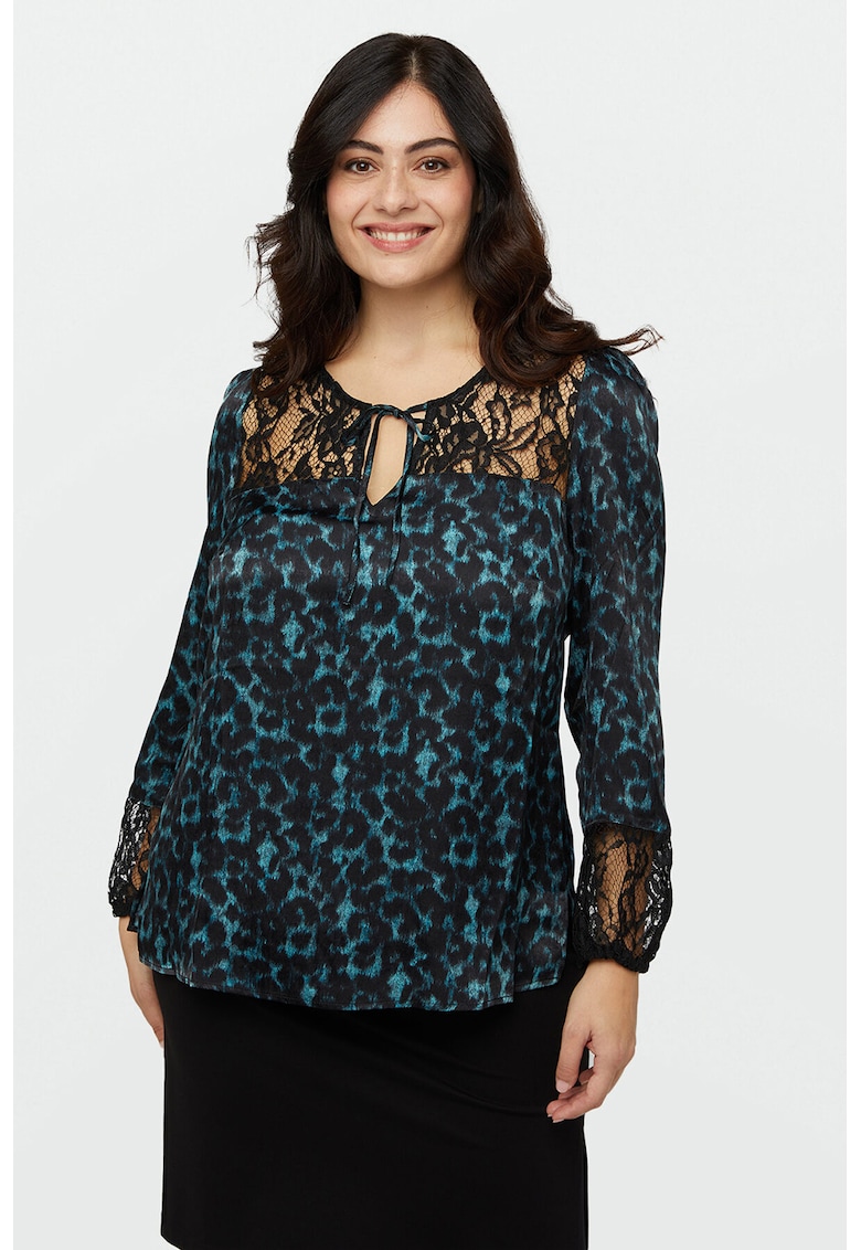 Bluza cu imprimeu si garnituri de dantela - Negru/Verde persan