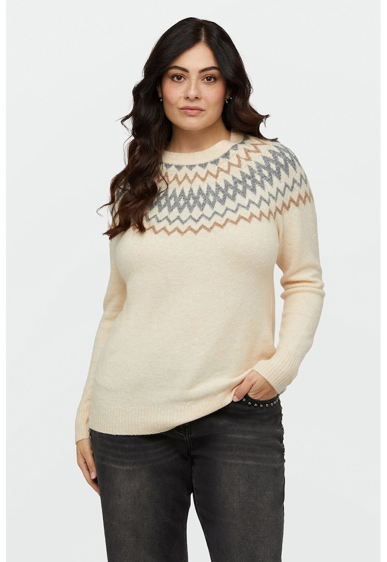Pulover cu decolteu la baza gatului si model - Bej deschis